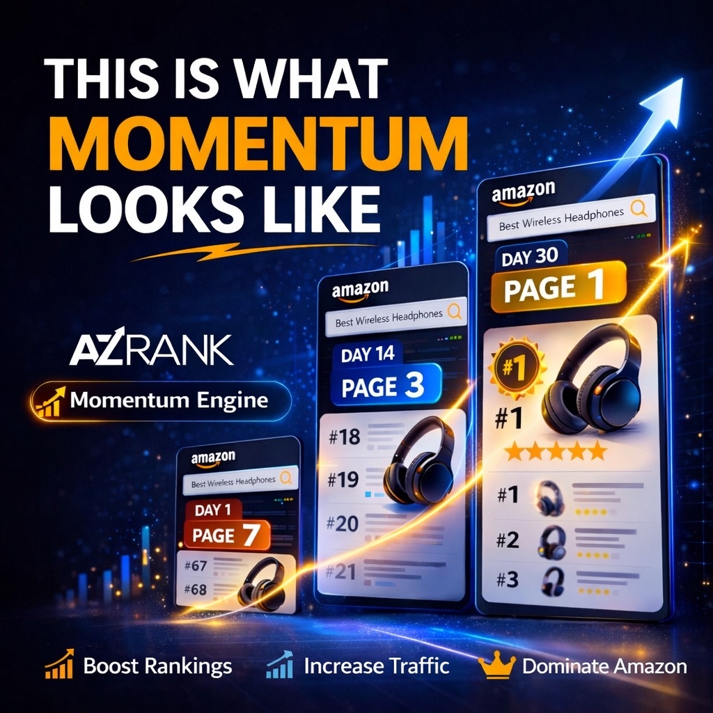 AZ Rank Momentum Engine — Amazon ranking dashboard showing product climbing to Page 1