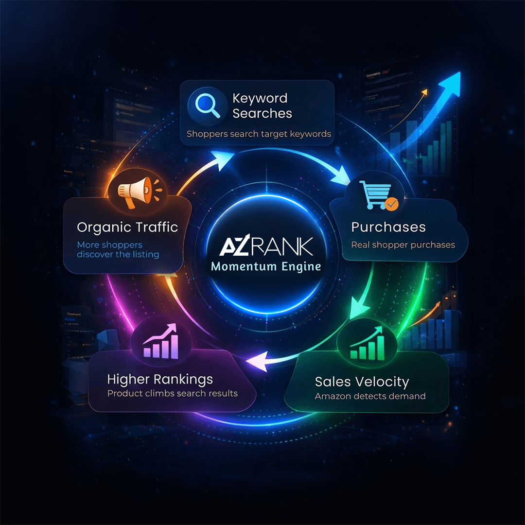 AZ Rank Momentum Engine — circular flywheel showing the five ranking steps