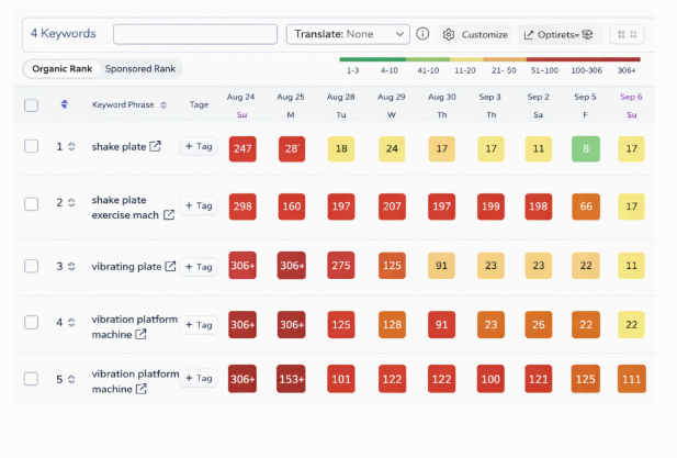 Optirets keyword tracking table showing 8-day rank evolution for all 4 keywords