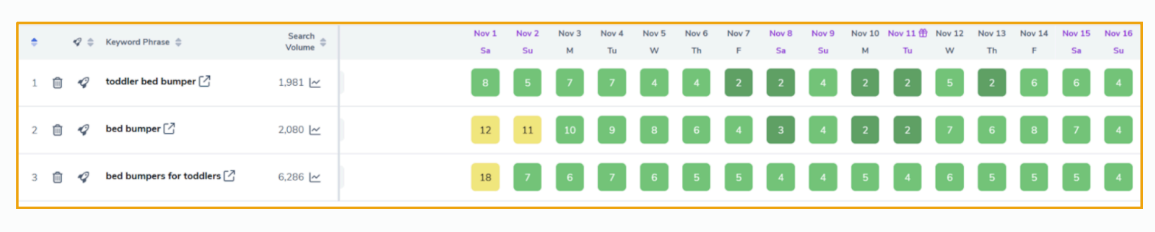 Helium 10 keyword rank evolution table showing daily positions Nov 1–16 for all three keywords